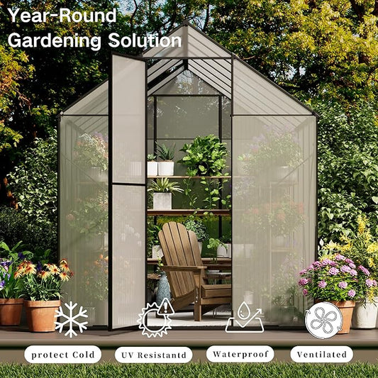 Kingdura 6x12ft Walk-in Greenhouse for Outdoors, Large Polycarbonate Greenhouses with Heavy Duty Aluminum Frame, Adjustable Roof Vent, Lockable Door, UV Protection for Outside Garden Backyard