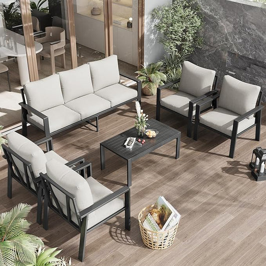7 Seats Patio Conversation Set, Aluminum Outdoor Furniture Set Sectional Sofa with Upgrade Cushion and Coffee Table for Balcony, Porch,Garden,Backyard