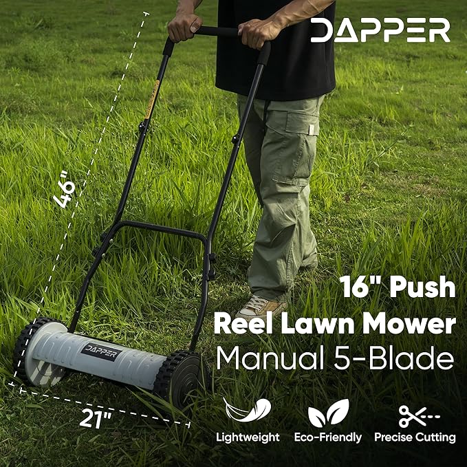 16" Push Reel Lawn Mower – Manual 5-Blade Hand Mower with Adjustable 3-Position Cutting Height (0.5"–1.75") – Lightweight, Eco-Friendly, Steel Blades – 2-Year Warranty