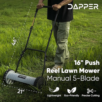16" Push Reel Lawn Mower – Manual 5-Blade Hand Mower with Adjustable 3-Position Cutting Height (0.5"–1.75") – Lightweight, Eco-Friendly, Steel Blades – 2-Year Warranty