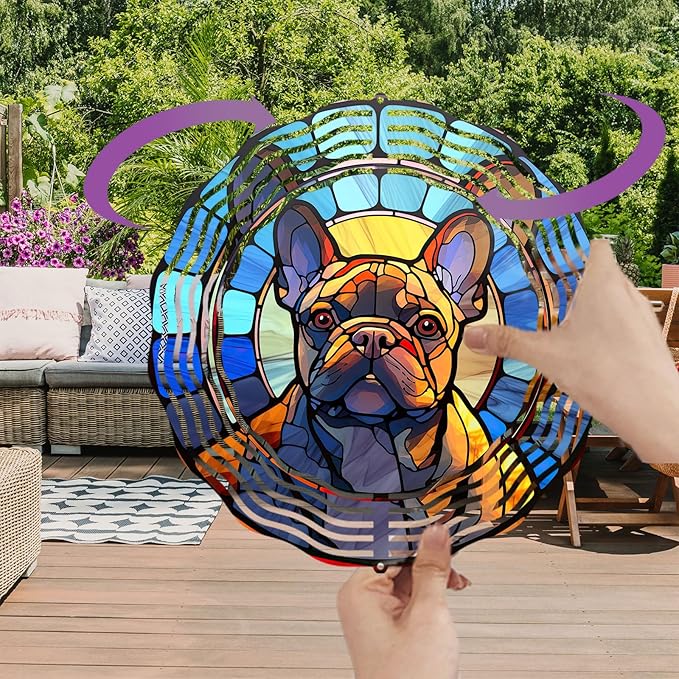 French Bulldog Wind Spinner Pet Dog Memorial Gifts 3D Aluminum Metal Kinetic Hanging Wind Sculpture Spinners for Yard and Garden Indoor Outdoor Window Garden Decoration 8 Inch (French Bulldog 1)