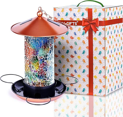 XDW-GIFTS Mosaic Solar Wild Bird Feeder, Waterproof Lantern Shape with S-Hook & 4 LED Lights, Garden Decor for Lawn, Patio, Balcony, Yard Ornament - Unique Gifts for Mom, Women, Grandma, Bird Lovers