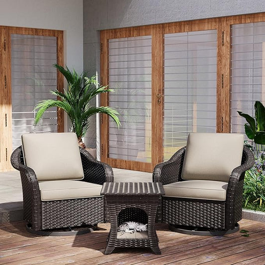 Outdoor Wicker 360 Degree Swivel Glider Rocker Chairs Set of 2 with Cat House Side Table, Patio Conversation Furniture Set with Washable Cushions for Garden, Poolside (Beige)