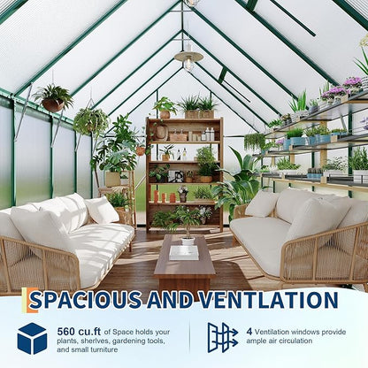 8X12 ft Polycarbonate Greenhouse with Aluminum Frame, Polycarbonate Greenhouse for Outdoors, Greenhouses with Ventilation and Rain Gutter, Aluminum Large Walk-in Greenhouses for Outside
