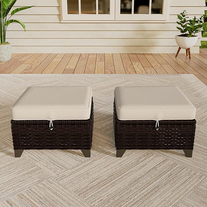 Vista Vibe 2 Pieces Patio Wicker Ottomans, Luxurious Footstools, Outdoor Small Footrest, Wicker Furniture with Removable Cushions, All-Weather PE Rattan, Garden, Backyard, Porch(Brown/Beige)
