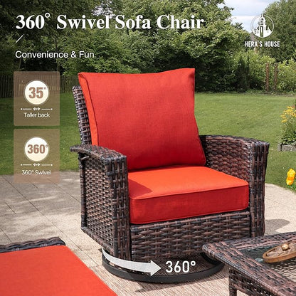 HERA'S HOUSE Red Patio Furniture Set, 35" High Back Swivel Chair with 5.5" Thick Cushions, Oversized Outdoor Wicker Conversation Set for Deck Garden Poolside Backyard Lawn