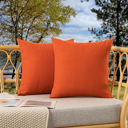Kevin Textile Fall Outdoor Waterproof Throw Pillow Covers Decorative Farmhouse Water Resistant Checkered Cushion Covers for Tent Patio Garden Couch Sofa Pack of 2 (16x16 Inch Orange)
