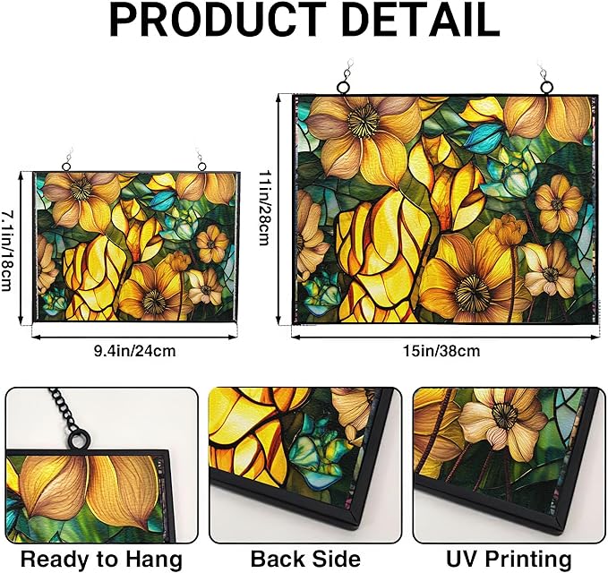 Rectangle Sun Lotus Stained Glass Suncatcher Window Hangings, Suncatchers Colorful Glass Panel Sun Catchers Gifts, Decoration for Home Garden Christmas Party Wedding