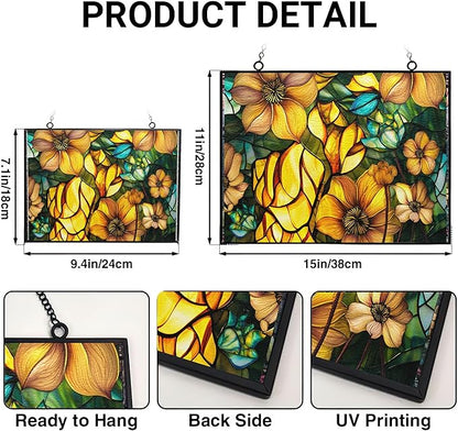 Rectangle Sun Lotus Stained Glass Suncatcher Window Hangings, Suncatchers Colorful Glass Panel Sun Catchers Gifts, Decoration for Home Garden Christmas Party Wedding