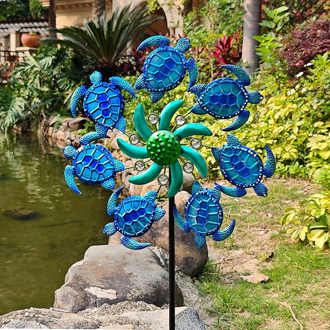 39" Sea Turtle Wind Spinners Metal Garden Stake-Outdoor Ocean Theme Wind Spinners - Metal Stake Yard Spinners-Wind Sculpture Yard Art Decorations for Patio,Lawn & Garden Decor-Blue