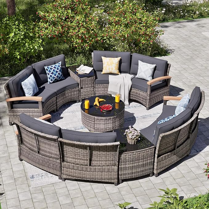 MEISSALIVVE 11 Piece Outdoor Patio Furniture Set, Half-Moon Curved Sectional Sofa Rattan Conversation Set with Wood Armrests, Coffee Table & 2 Side Table（Grey）