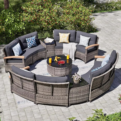 MEISSALIVVE 11 Piece Outdoor Patio Furniture Set, Half-Moon Curved Sectional Sofa Rattan Conversation Set with Wood Armrests, Coffee Table & 2 Side Table（Grey）