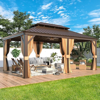 MELLCOM 12'x18' Hardtop Gazebo,Galvanized Steel Metal Double Roof Gazebos with Curtain and Netting, Brown Permanent Pavilion Canopy with Aluminum Frame for Patios,Gardens,Lawns