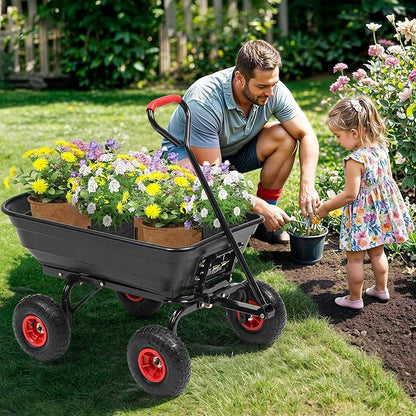 600lb Garden Dump Cart,4 Cu.Ft Utility Wagon Wheelbarrows with Quick-Release System&4 Pneumatic Tires,Heavy Duty Yard Dump Wagon with Steel Frame for Farm, Garden,Christmas Hauling(Black)
