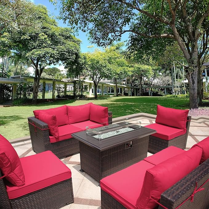Outdoor Patio Furniture Sets with Propane Fire Pit Table, 8 Pieces Outdoor Furniture Patio Sectional Sofa Conversation Sets w/ETL Approved 43" Gas Outdoor Fire Table & Coffee Table (Red)
