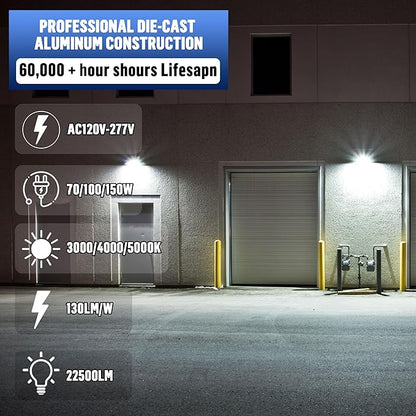 LAMPHOME LED Flood Lights Outdoor 35/60/80W and 3000/4000/5000K Adjustable 10400Lm,Dusk-to-Dawn Sensor o Dawn Flood Light for Yard, Garage, Garden,UL Listed,Includes Knuckle Mount