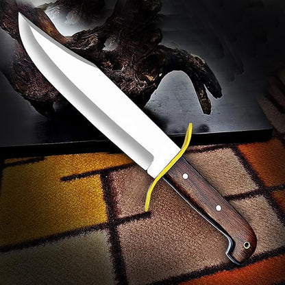 Large Bowie Knife with Leather Sheath Fixed Blade Hunting Knife D2 Steel with Leather for Outdoor Camping