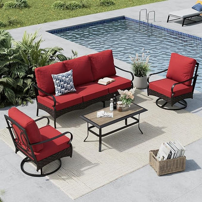 MFSTUDIO 4 Pieces Outdoor Patio Furniture Set, Metal Outdoor Conversation Set, Rattan Wicker Patio Sectional with 2 x Swivel Single Sofa, 3-Seat Sofa, 1 x Coffee Table, Red
