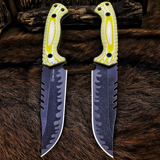 BA-KOR 12.4in Full Tang Fixed Blade Hunting Knife – 6mm 9CR18MoV Steel, G10 Handle, Stonewashed Sawback Blade with Kydex Sheath & Fire Starter for Outdoor, Camping, Survival (White and yellow stripes)