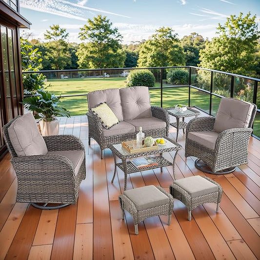 7 Piece Patio Furniture Set - Wicker Patio Conversation Set with Swivel Glider, Loveseat Bench, 2 Ottomans, Glass Side Table and Coffee Table for Deck Backyard - Brown Wicker Beige Cushion