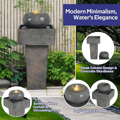 Merax 25.59" H Minimalist Concrete Column Fountain–LED-Lit Modern Outdoor Oasis, Durable Landscape Feature for Patio, Porch