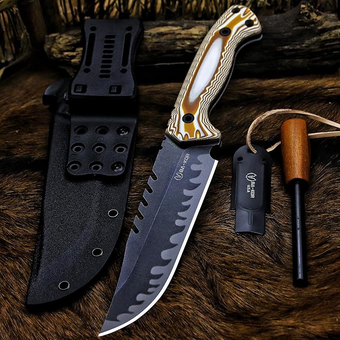 BA-KOR 12.4in Full Tang Fixed Blade Hunting Knife – 6mm 9CR18MoV Steel, G10 Handle, Stonewashed Sawback Blade with Kydex Sheath & Fire Starter for Outdoor, Camping, Survival (White and brown stripes)