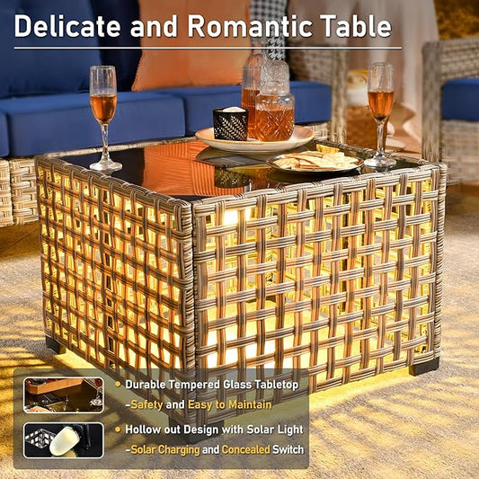 HOOOWOOO Outdoor Sectional Furniture Set,8 Pieces Wicker Patio Conversation Sets,L Shape All Weather Outside Couch Sofa Set with Swivel Chairs Solar Light Table Ottoman,Charcoal Gray
