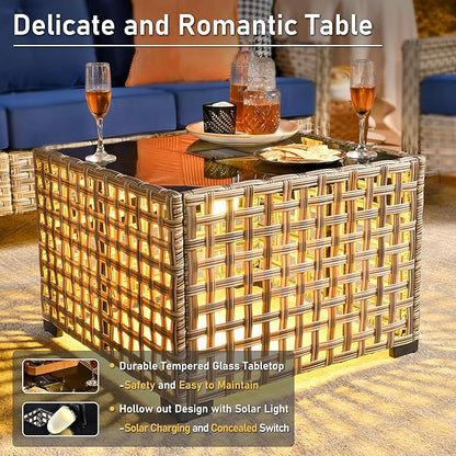HOOOWOOO Outdoor Sectional Furniture Set,8 Pieces Wicker Patio Conversation Sets,L Shape All Weather Outside Couch Sofa Set with Swivel Chairs Solar Light Table Ottoman,Black