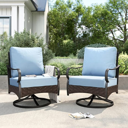 PHI VILLA Patio Swivel Chairs Set of 2, Outdoor Wicker Chairs with Thick Cushion, All Weather High Back Outdoor Furniture for Balcony Porch and Yard
