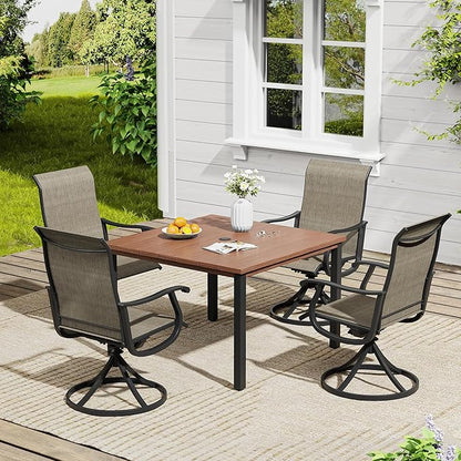 VICLLAX 5 Pieces Outdoor Dining Set, Patio Furniture Set of 4 Patio Swivel Dining Chairs and Square Patio Table, Mixed Brown Chairs & Walnut Tabletop