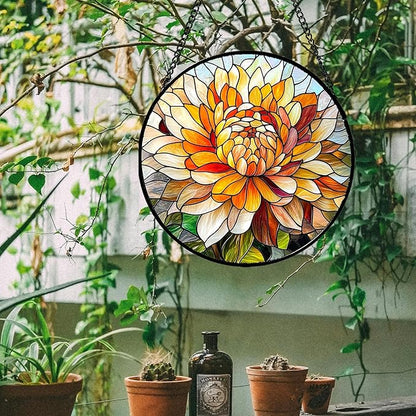 Stained Glass Window Hanging - Chrysanthemum Suncatcher for Doors Garden Patio Birth Flowers Sun Catchers Decor Christmas Mother's Day Birthday Gifts for Women Men Mom Nana Friend 9.8 in