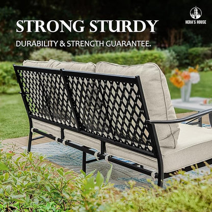HERA'S HOUSE 4 Piece Patio Furniture Set, 2 x Metal Frame Cushioned Chair, 3-Seat Sofa with Marbling Coffee Table, All Weahter Outdoor Conversation Set for Lawn Garden Backyard