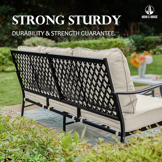HERA'S HOUSE 6 Pieces Patio Furniture Set with Fire Pit Table, 2 x Rocking Chair, 2 x Ottoman, 3-Seat Sofa with 45" Fire Pit Table, Outdoor Conversation Set for Garden, Poolside, Backyard