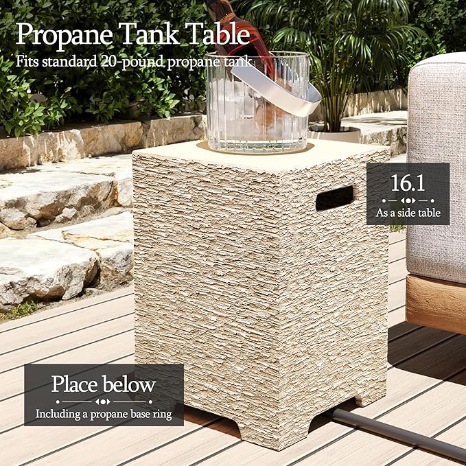 UPHA 56-inch Outdoor Propane Gas Fire Pit Table 50000 BTU Concrete Rectangle FirePit for Outside Patio with Propane Tank Cover, Wind Guad, Blue Glass Rocks, Rain Cover, Beige Texture
