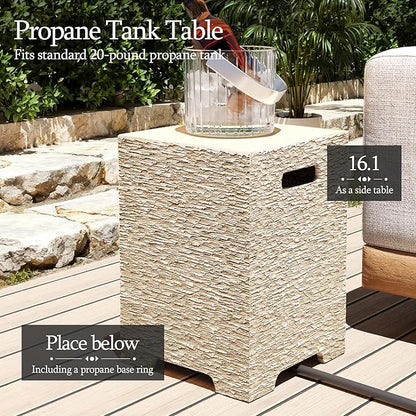 UPHA 56-inch Outdoor Propane Gas Fire Pit Table 50000 BTU Concrete Rectangle FirePit for Outside Patio with Propane Tank Cover, Wind Guad, Blue Glass Rocks, Rain Cover, Beige Texture