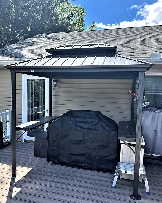 PURPLE LEAF 6' X 8' Hardtop Grill Gazebo for Patio Permanent Aluminum Barbeque Shelter Canopy with Ceiling Hook and Shelves Double Tiered Grey Outdoor BBQ Gazebo