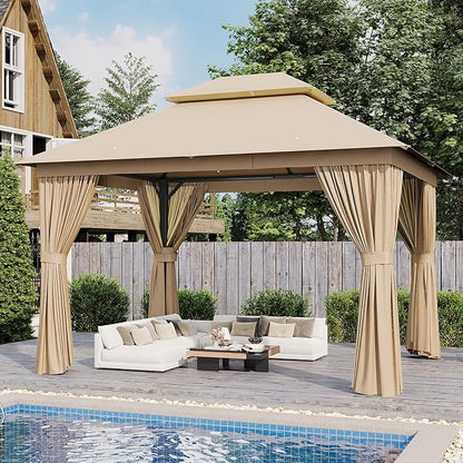AOXUN Outdoor Gazebo for Patio 10x12, Metal Frame Canopy with Double Roofs, Heavy Duty Party Tent and Shelter with Mosquito Netting and Privacy Screen for Backyard, Lawn, Garden, Deck