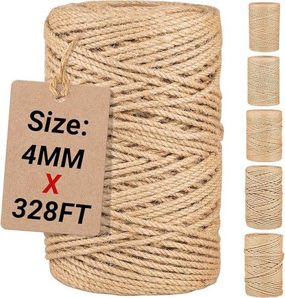 Natural Jute Twine String,Bulk Jute Rope Cord Twine for Crafting Gardening,Roll of Thick and Thin Twine for Gift Wrapping,Brown Decorative Rope,Ornament Twine for Cat Scratch Post (4mm x 328ft)