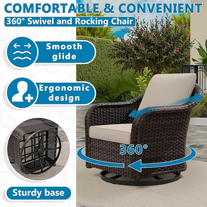 Vista Vibe Outdoor Wicker 360 Degree Swivel Glider Rocker Chairs set of 2 with Cat Nest Side Table, All-weather Rattan Patio Conversation Furniture Set with Washable Cushions for Balcony, Yard (Beige)