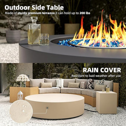 UPHA 42-inch Outdoor Propane Gas Fire Pit Table 50000 BTU Concrete Round FirePit for Outside Patio with Propane Tank Cover, Blue Glass Rocks, Rain Cover, Grey