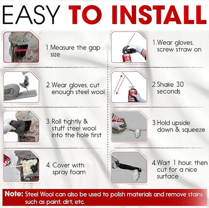 Rodent Barrier Kit, 3PCS Steel Wool Included PU Foam Hole Filler, 3.2"x7.5’ Steel Wool for Mice Control, Rodent Control Fill Fabric, Gloves, Scissors, Gap Blocker in Hole Pipeline Vent in House Garage
