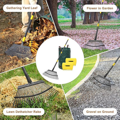 Leaf Rake 18” Wide Heavy Duty Metal 25 Tines Garden Rake Set with 30-75” Adjustable Long Handle for Yard Grass Shrub Mulch Including 32Gallon Garden Bag Leaf Scoops