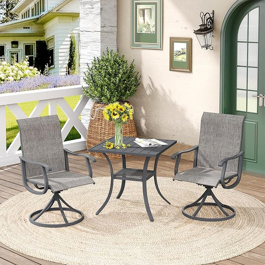 DIFY 3 Pieces Outdoor Patio Dining Set for 2, 27.6" Small Square Metal Dining Table and 2 Textilene Swivel Dining Chairs, Outdoor Table and Chairs, Grey