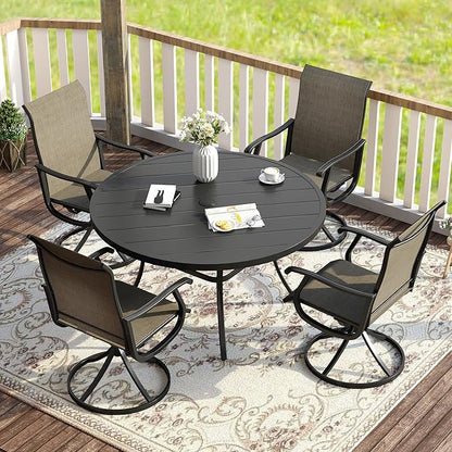 VICLLAX Patio Dining Set for 4, 5 Pieces Outdoor Furniture Includes 40.6" Round Patio Table with Umbrella Hole and 4 Outdoor Swivel Chairs for Lawn Garden, Black Tabletop and Mixed Brown Fabric