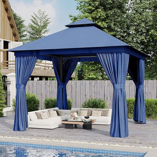 AOXUN Outdoor Gazebo for Patio 10x10, Metal Frame Canopy with Double Roofs, Heavy Duty Party Tent and Shelter with Mosquito Netting and Privacy Screen for Backyard, Lawn, Garden, Deck (Navy)