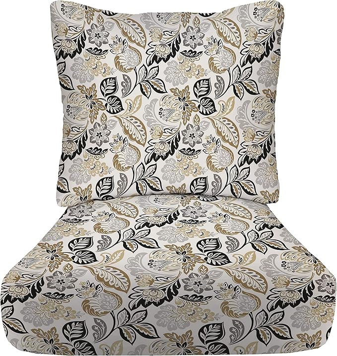 RSH DECOR Deep Seating Cushion with Pillow Back | 23” x 25” Seat | Water and Fade-Resistant Spun Fabric | Outdoor Chair Cushion Set for Patio Furniture | Dailey Pewter Black Floral