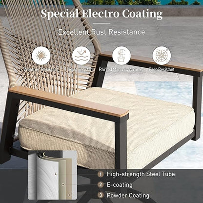 7 Pieces Patio Dining Set, 6 x Woven Rattan Chairs with Waterproof Cushion, 84" Extendable Rectangular Dining Table, Outdoor Table and Chairs Set for Backyard Lawn and Deck, Beige