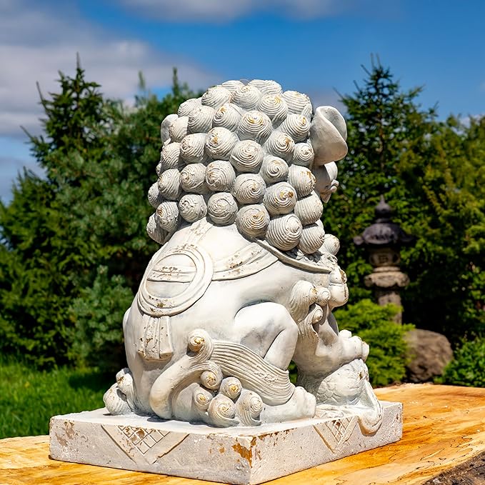 Zaer Ltd. Set of 2 Traditional Fu Dog Garden Statues, Chinese Guardian Lion Sculptures with Pedestals, Made with Magnesium-Cement (Distressed Gray)
