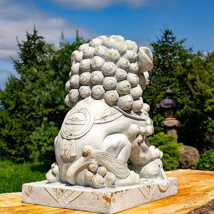 Zaer Ltd. Set of 2 Traditional Fu Dog Garden Statues, Chinese Guardian Lion Sculptures with Pedestals, Made with Magnesium-Cement (Distressed Gray)