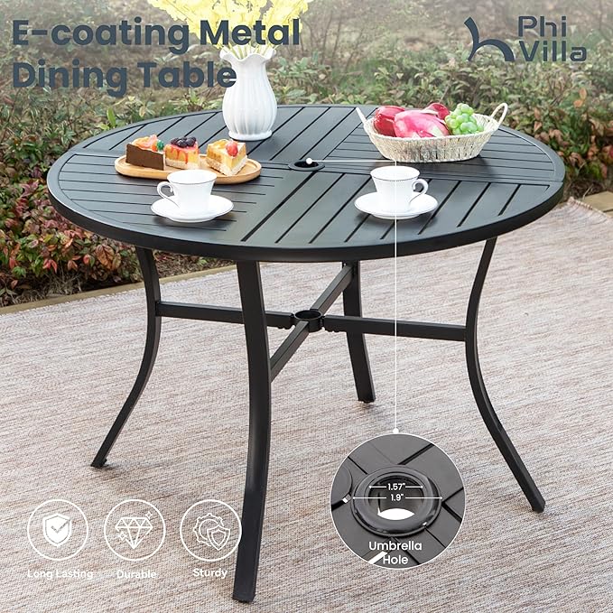 PHI VILLA 7 Pieces Outdoor Round Dining Set for 6, Large Wrought Iron Table with Umbrella Hole & Swivel Metal Chairs with Cushions, Modern Furniture Set for Patio, Deck, Yard, Porch